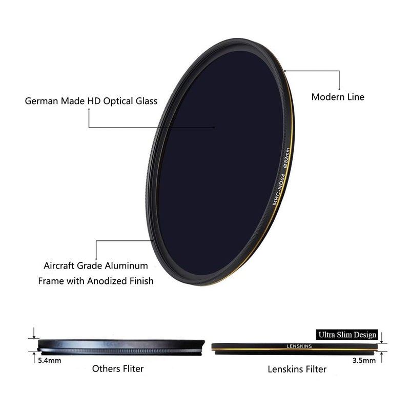 LENSKINS فلتر LENSKINS 82mm ND64، فلتر كثافة محايدة 6 توقف لعدسات الكاميرا، مغلف بطبقة متعددة مقاومة 16، زجاج بصري ألماني، فلاتر ND محكمة الطقس مع قطعة قماش العدسة - Image 2